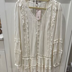 Free People Ivory Lace Button-Down Dress